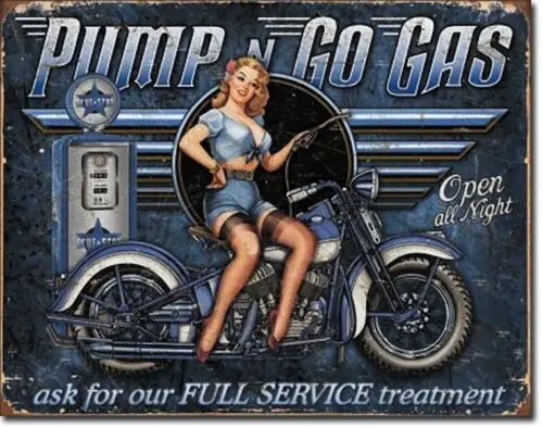 Pump n Go Gas Service Motorcycle Biker Distressed Retro Vintage Metal Tin Sign