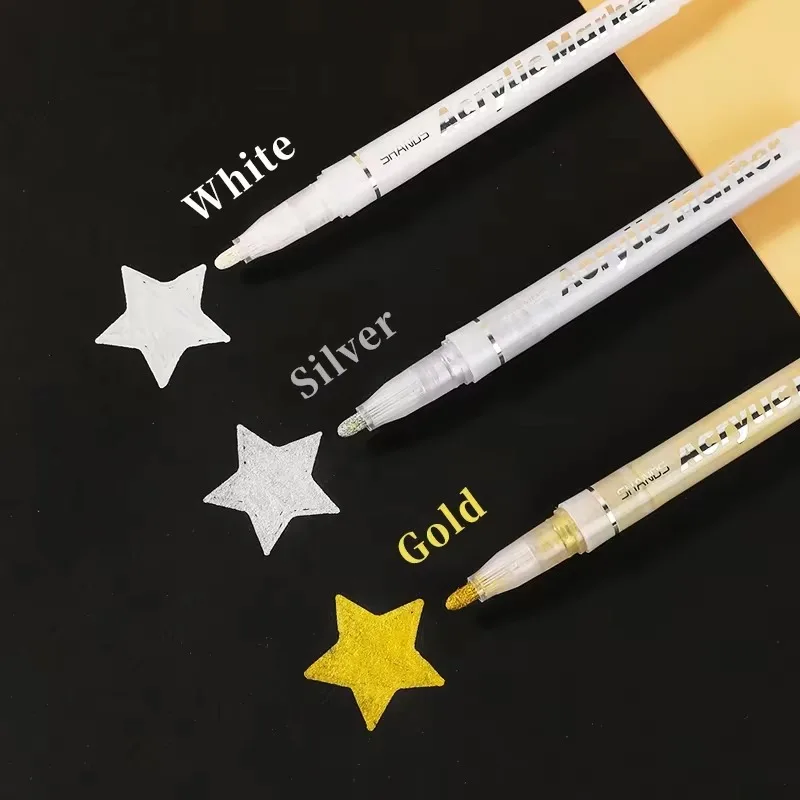 

3Pcs/Set High-Gloss Acrylic Markers Paint Pen Gold/Silver/ White Painting Graffiti Pens, Waterproof Markers Stationery Supplies