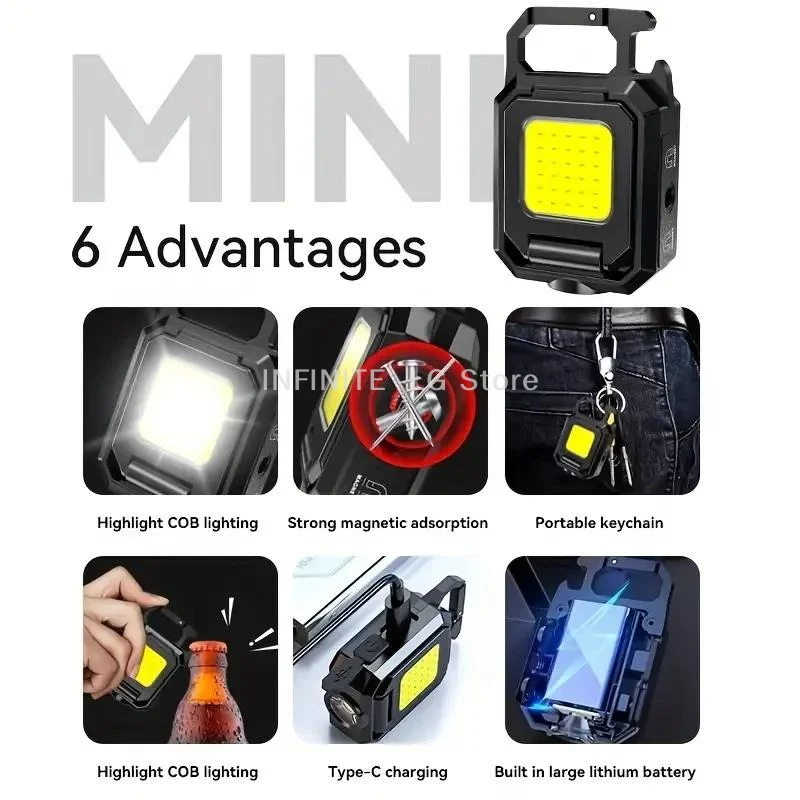 Multi Functional Flashlight Mini Keychain Light COB Work Light USB Rechargeable Lamp Side Lights Super Bright Portable Lanterns
