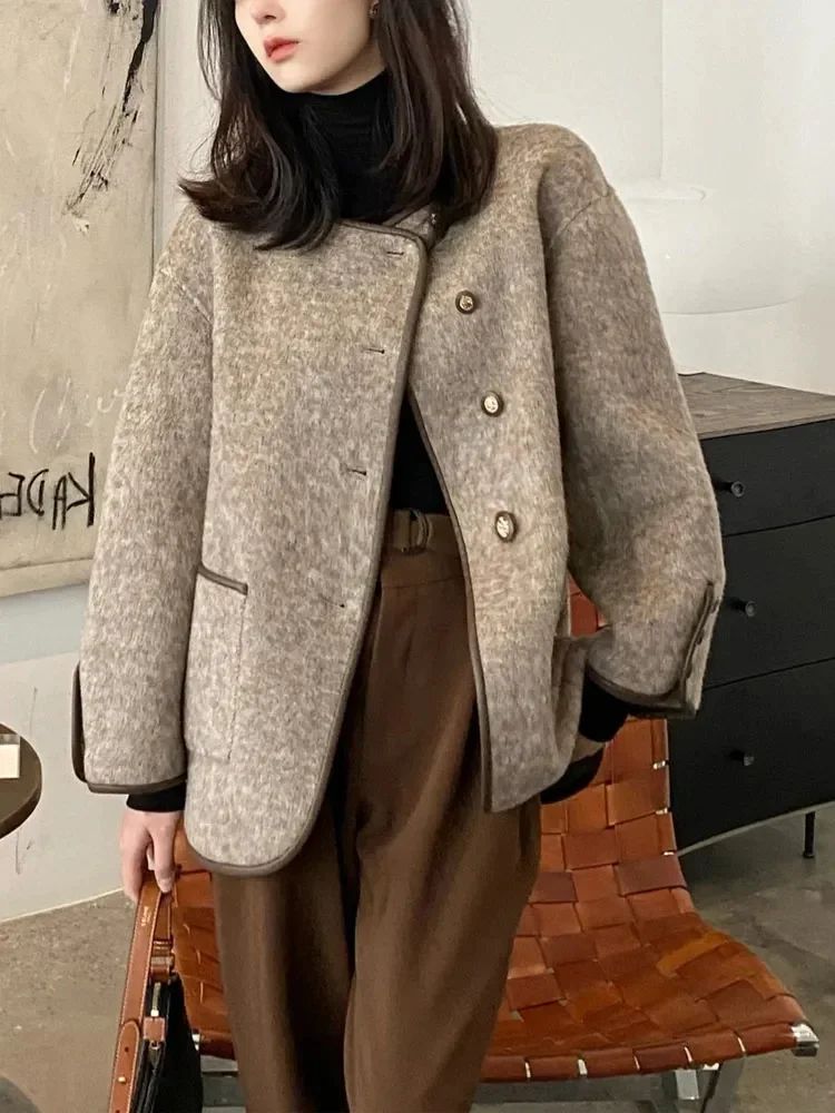 High Sense Vintage Round Neck Women's Woolen Short Suit Jacket 2024 Autumn and Winter Loose Casual Elegant Coat Thick Suit Top