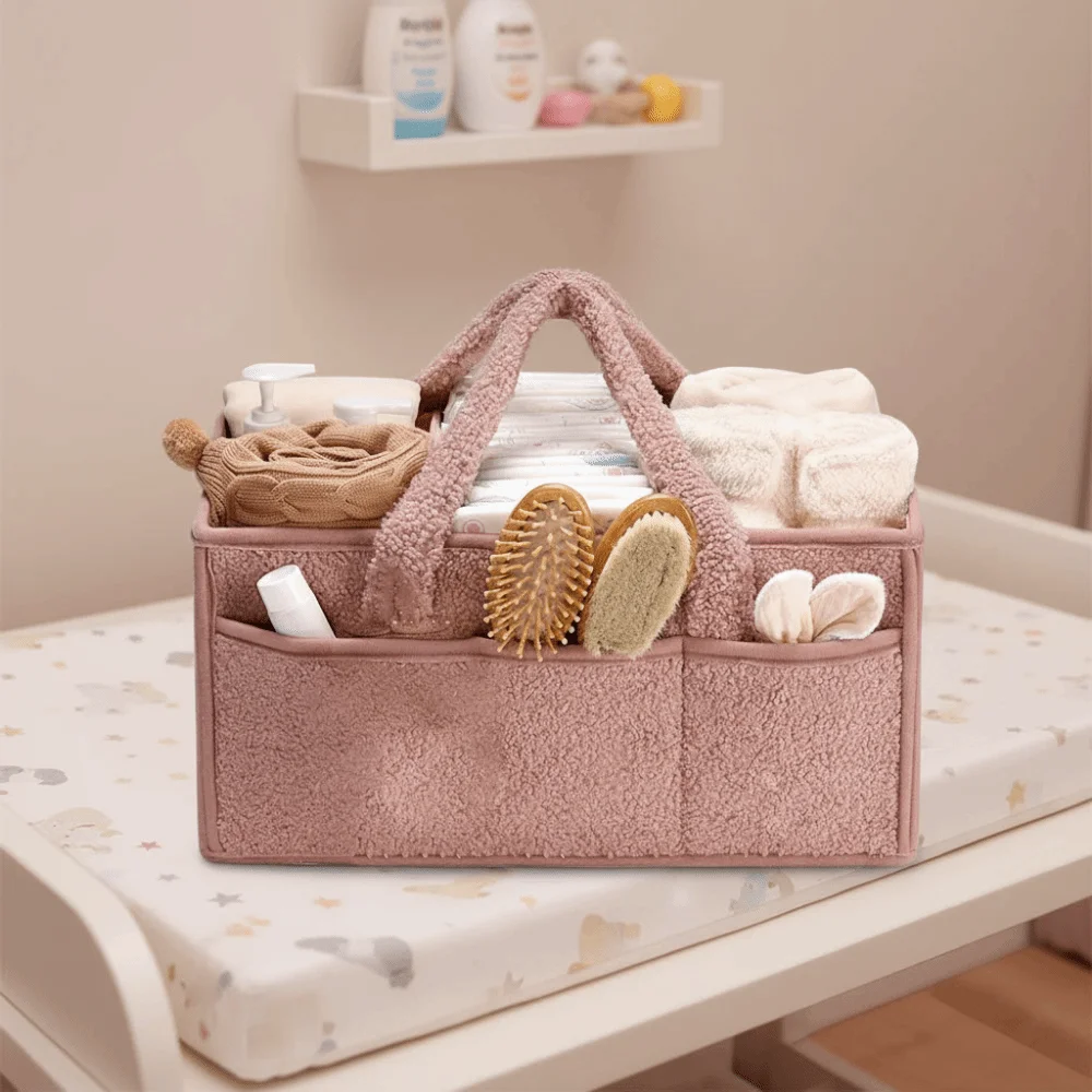 Portable Plush Baby Diaper Bag Removable Divider Large Capacity Baby Diaper Basket with Handle Diaper Storage Basket Boys Girls