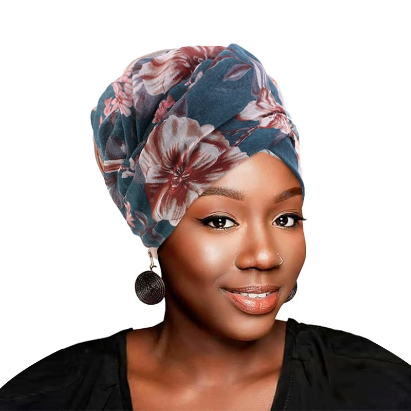 New Women Top knot Bandana Turban Tie Bonnet Flower Printed Head Wrap Stretch Long Hair Scarf Bandanas Cap India Muslim Headwear