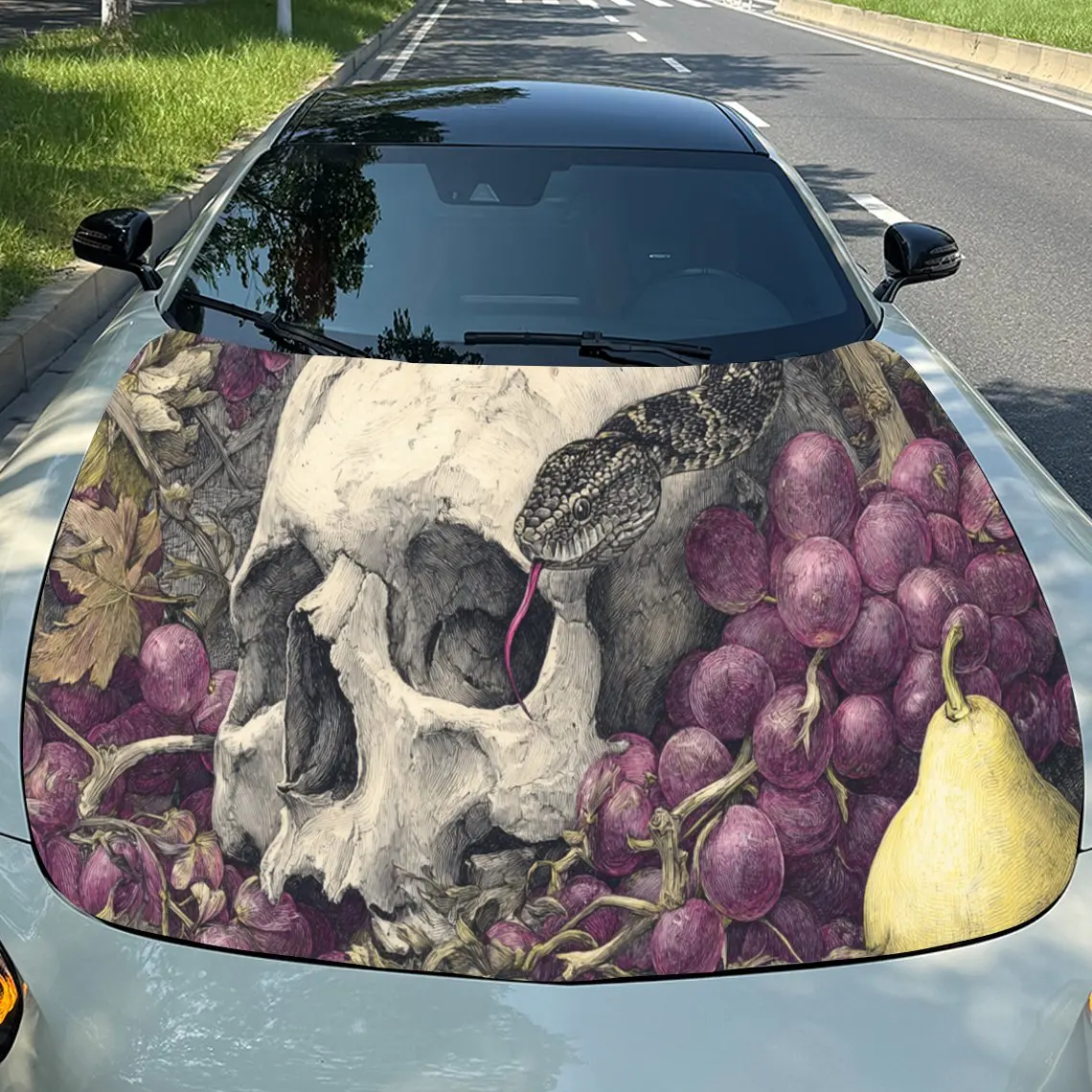 

Таинственные наклейки на капот автомобиля с черепом и фруктами — самоклеящаяся, водонепроницаемая и прочная виниловая пленка, украшение и защита вашего автомобиля, F