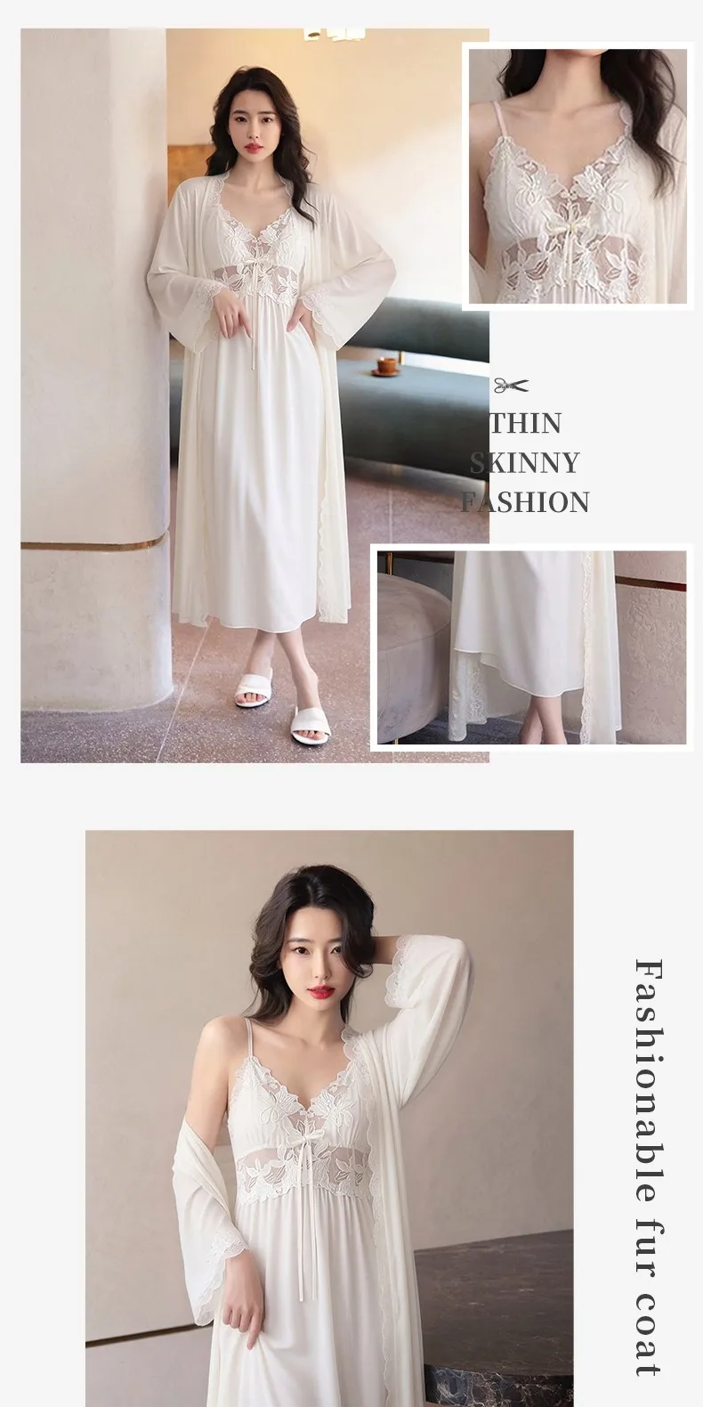 Conjunto de dos piezas de camisón de seda helada con encaje y almohadillas en el pecho para parejas, ropa de dormir de primav...
