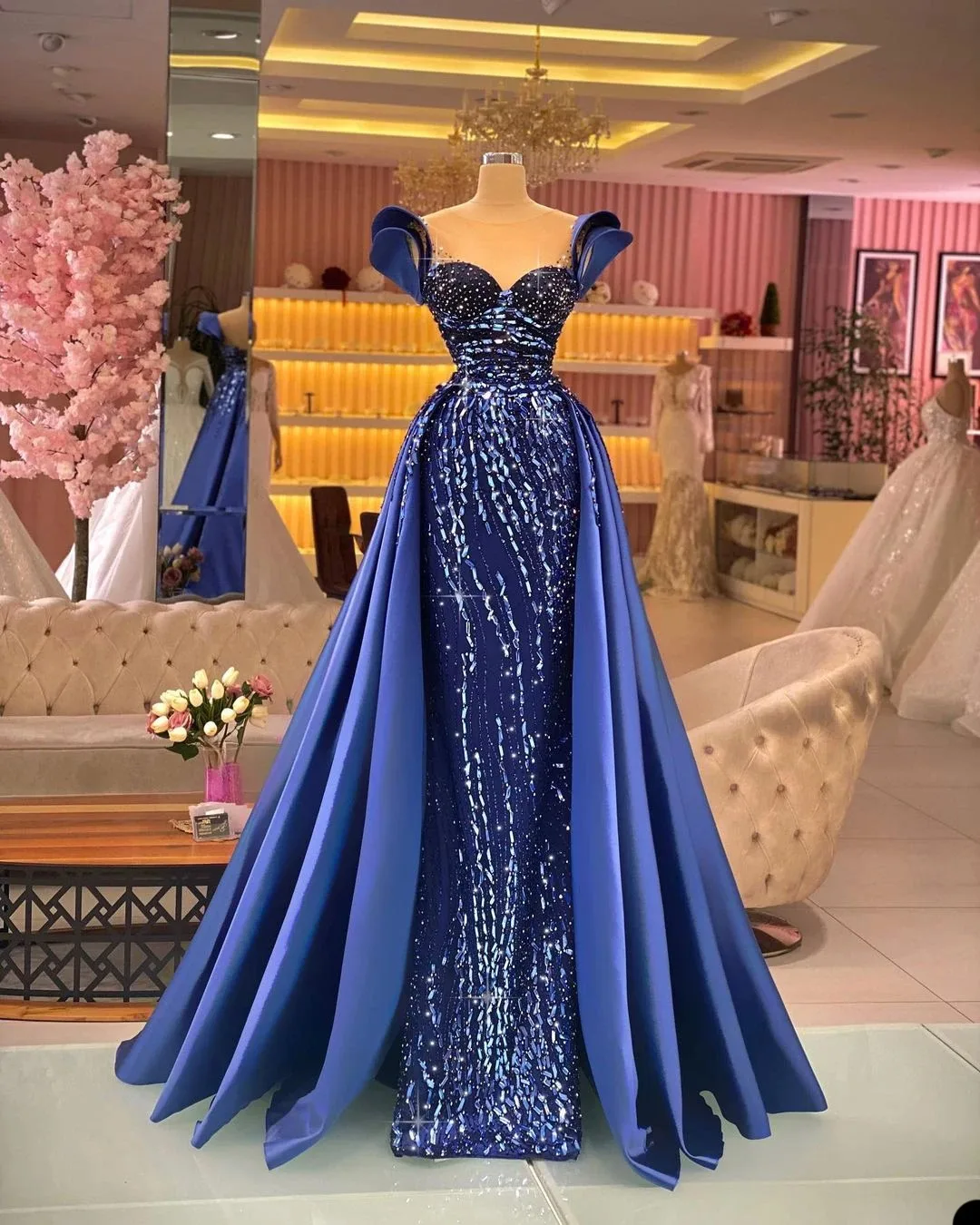 

Royal Blue Mermaid Sequin Evening Dress 2025 Detachable Train Off Shoulder Elegant Ball Gown Formal Party Prom Dress Customized