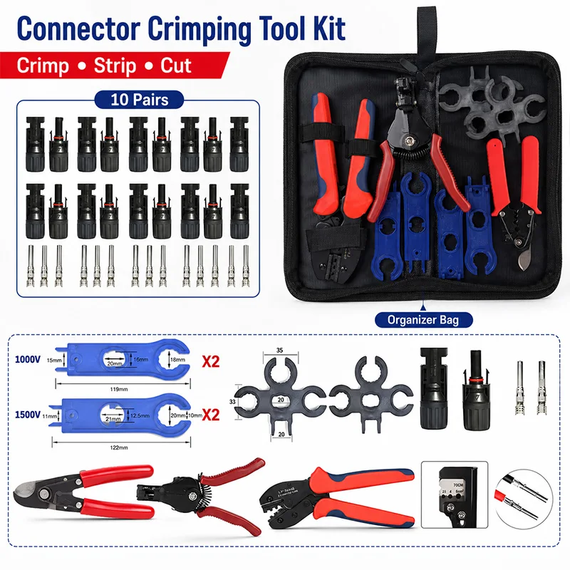Solar PV Cable Crimping Tool Kit A B C D E with Ratchet Crimper Wire Stripper Wrench Connector Assembly Tools for 2.5 4 6mm2 Set