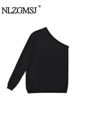 TRAF 2024 Autumn and Winter Sweater Women's New Style Sexy Single shoulder sleeve Knit Shirt Solid Color Loose Knit Top