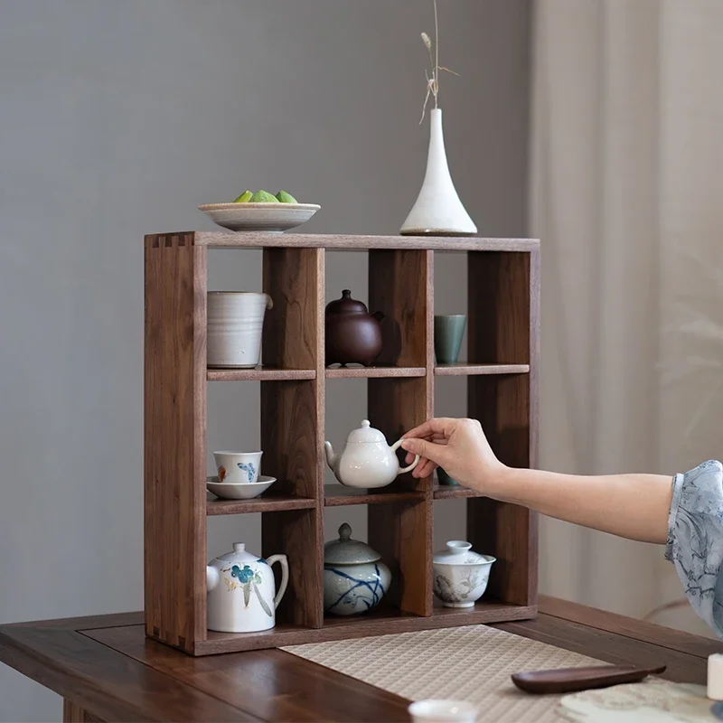 Black walnut nine-square lattice shelf, wall desktop shelf, solid wood tea furniture, multi-baoge porcelain checkered shelf