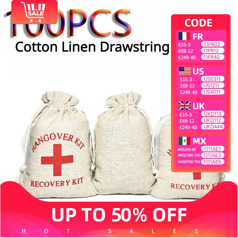 

100PCS Christmas Party Wake Up Bags Party Gift Bags Storage Bags Cotton Linen Bags First Aid Kits Bags Red Cross Hangover Kits
