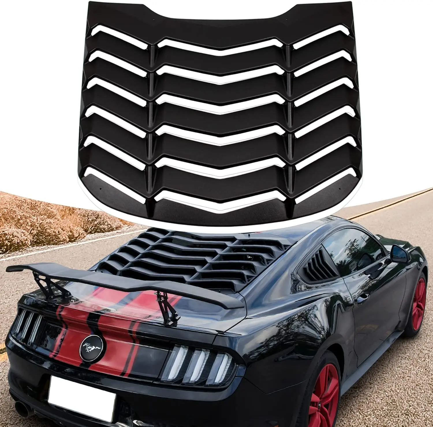 TM Rear Window Louvers for Ford Mustang 2015-2023 in GT Lambo Style ABS Matte Black Windshield Sun Shade Cover Vent