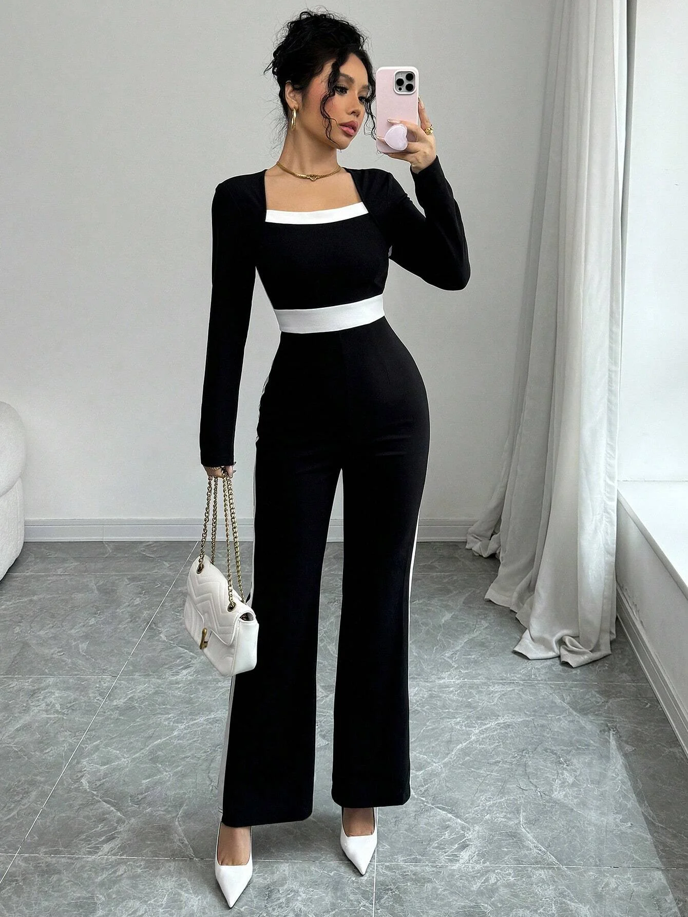 Europäischer und amerikanischer Damen-Frühlings- und Herbst-Damen-Overall mit elegantem Temperament, Patchwork, langärmelig, quadratischem Ausschnitt und schmaler Passform