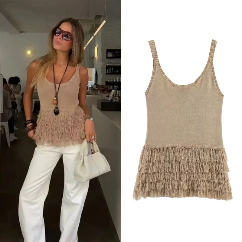 Women's Top 2026 Summer New Camel Sleeveless Tassel Decor Holiday Style Top Sexy Fashionable Unique High Street
