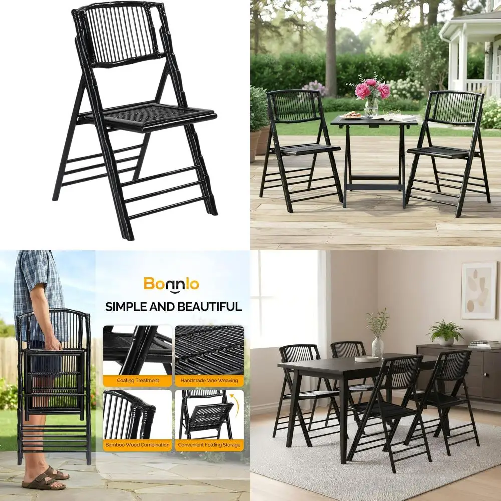 

Folding Bamboo Chairs - 1/2/4 Pack, Portable Wood Seating for Outdoors, Indoors, Gardens, Patios, Lawns, and Events, Black
