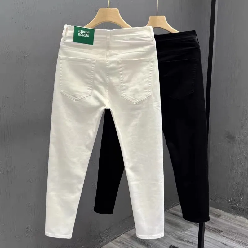 

White Slim Fit Nine-Tenths Jeans Men's Summer Thin Casual Denim Pants Youth Trendy Straight Leg Elastic Mid-Low Waist Zipper