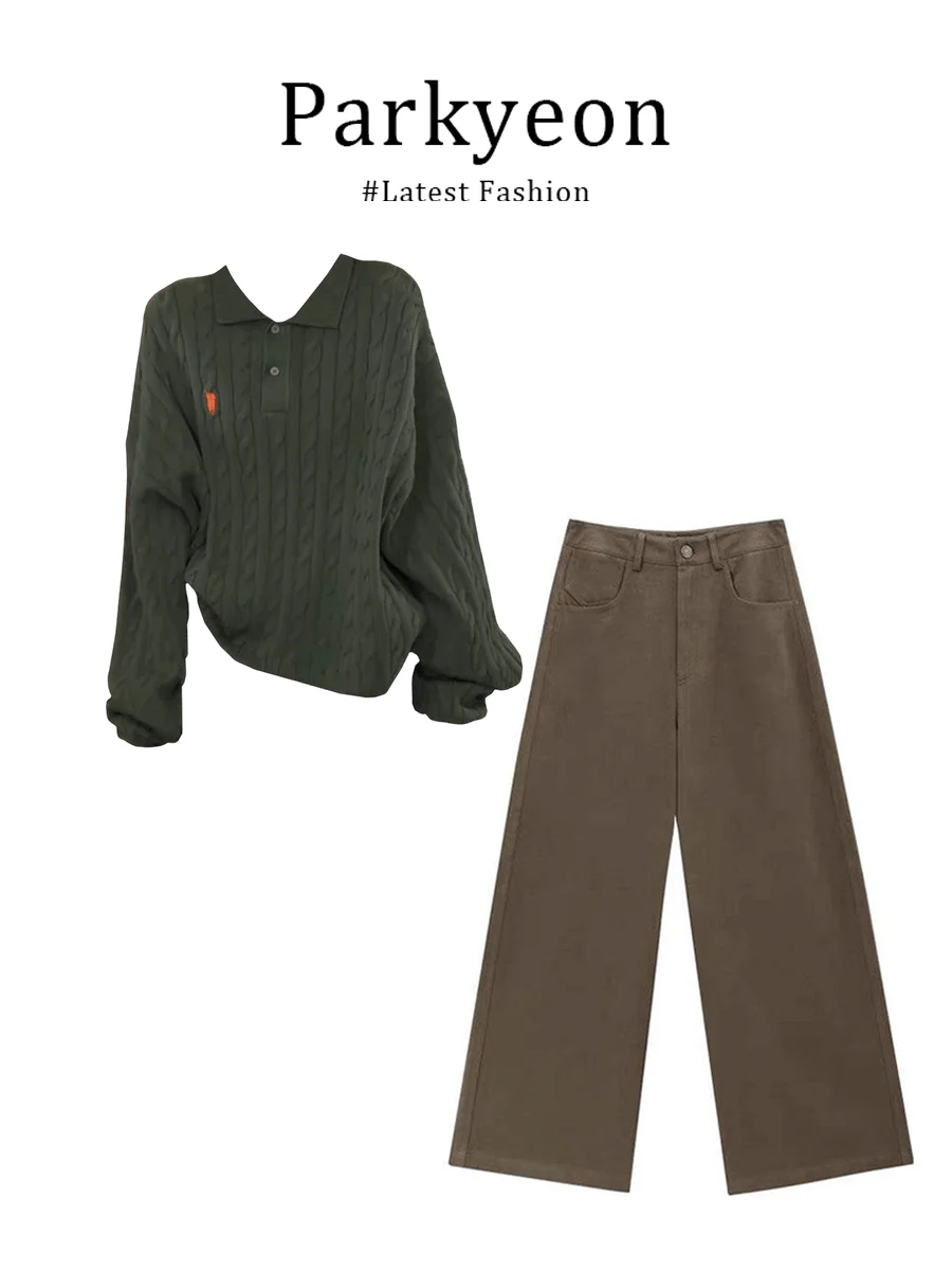 

Parkyeon Japanese Style Lazy Neck Green Twisted Knit Sweater Top Jeans Set Women's Fashion Ensemble Autumn Season Adult ...