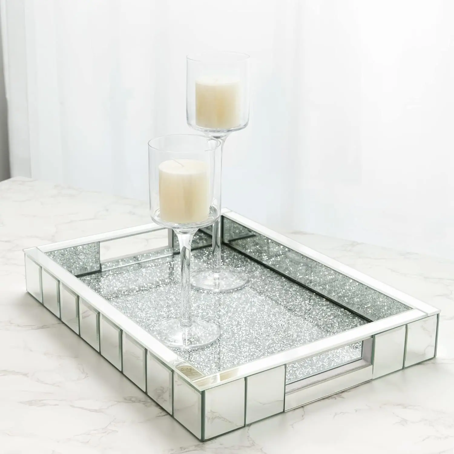 Crystal diamond mirror silver tray handmade decoration tray makeup tray
