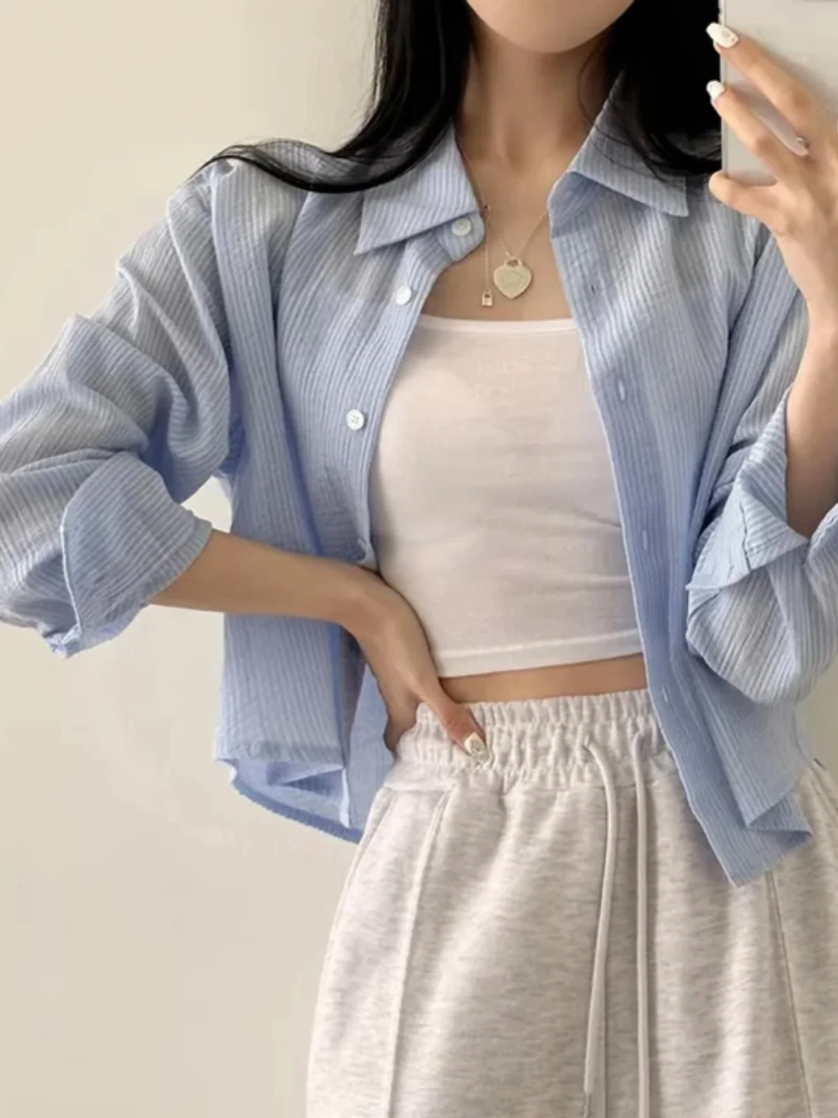 

Chic Blue Striped ort Svel irt Women's Design Base Layer irt Turn-down Collar Single Button Long Sve Sun ...