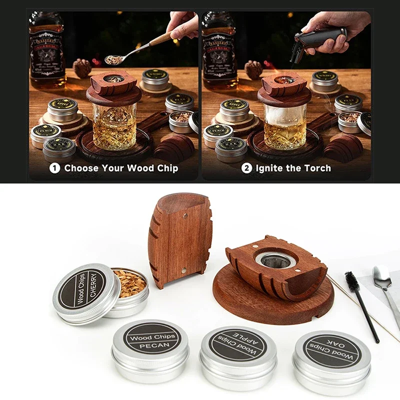 Klassisches Design Whiskey-Räucher-Set mit 4 Geschmacksrichtungen Holzchips für Old Fashioned Cocktails, Heimbar-Dekoration und Partyzubehör – Detail 6