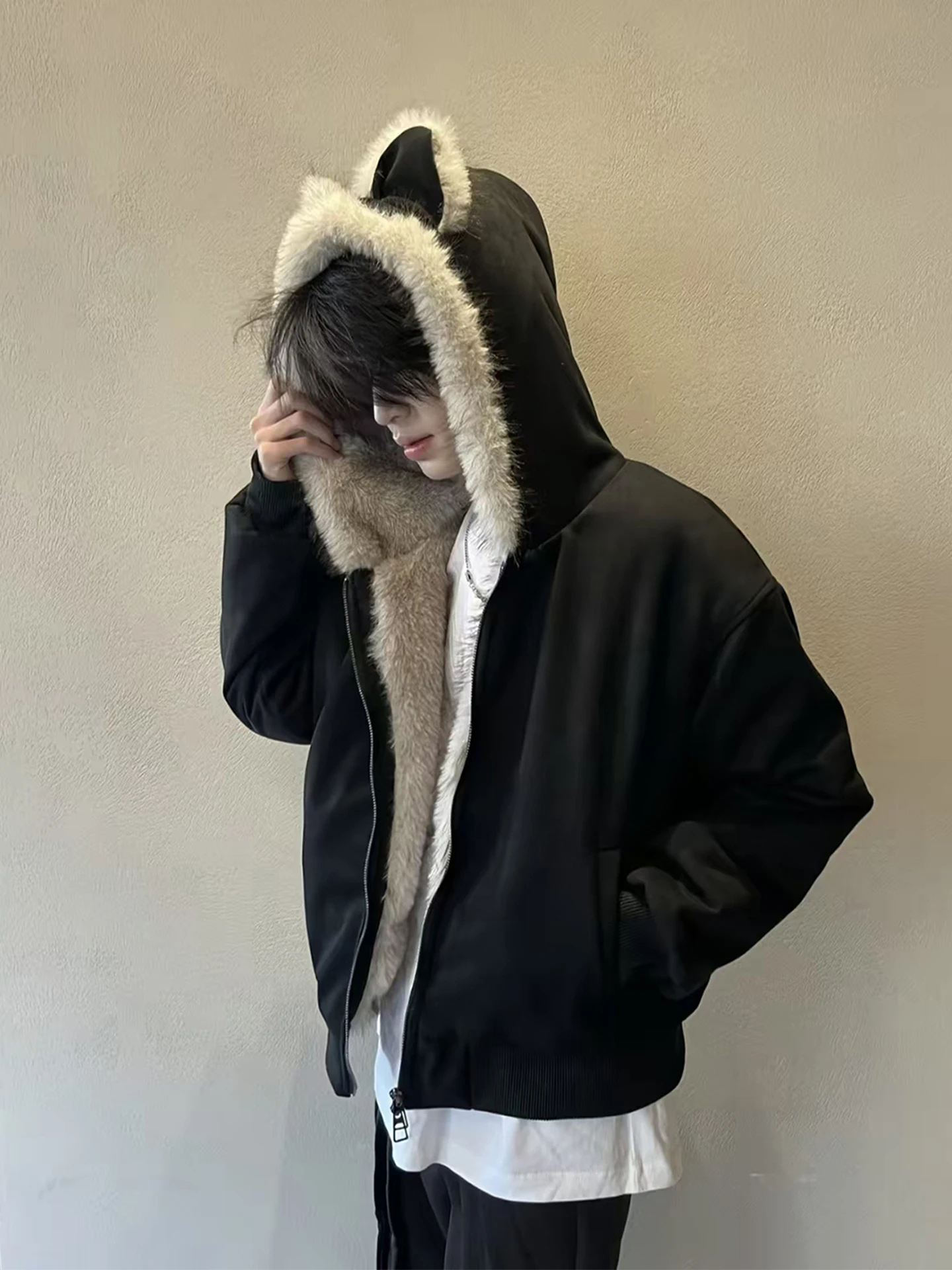 

Black Ear Fur Collar Men's Winter Jacket Fleece Lined Short Cotton Coat Hooded Warm Thickened Casual Youth Polyester