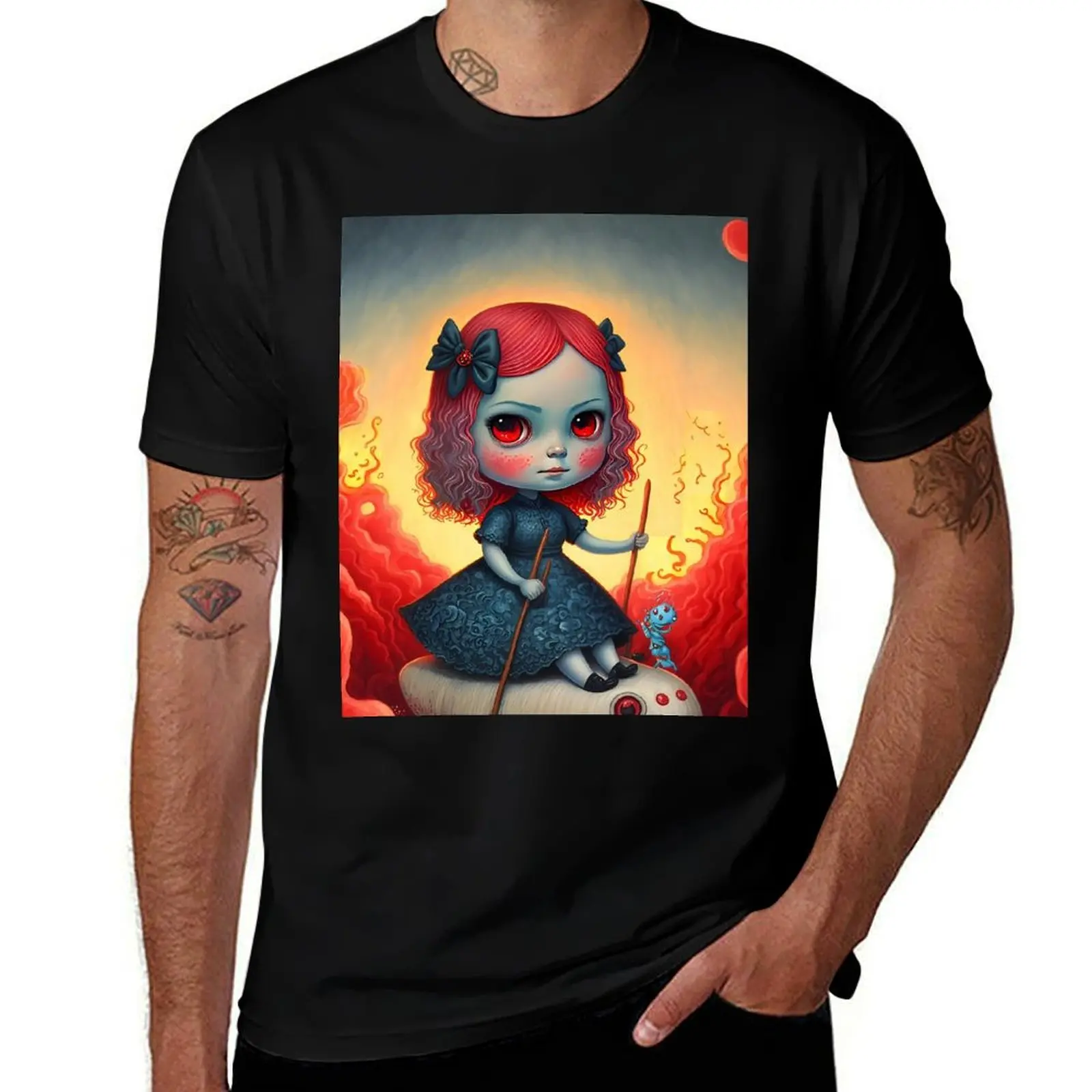 Voyage of the Crimson Waves - Surreal Doll in a Fiery Fantasy World T-Shirt Casual Fashion Print Tee Top T-Shirt