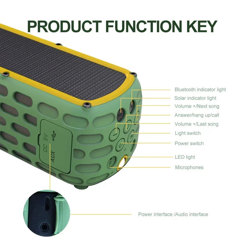 กีฬากันน้ํากลางแจ้งลําโพงบลูทูธซับวูฟเฟอร์ไร้สายแบบพกพาลําโพงคู่พร้อมไฟฉายชาร์จพลังงานแสงอาทิตย์สําหรับขี่จักรยาน