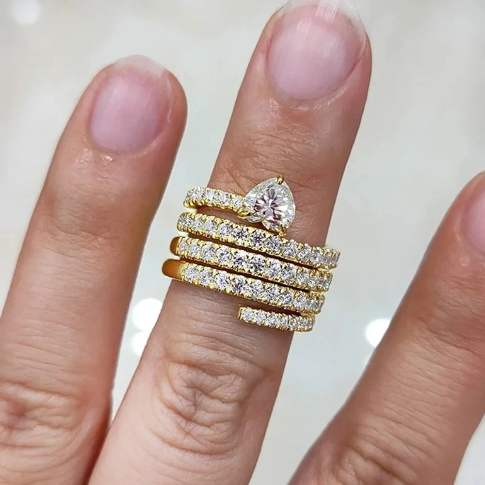 Luxury Sparkle Gold Color 4 Layers Wrap Heart Cut 5A Zircon Stackable Rings for Women Fashion Statement Jewelry Colorfast Gift