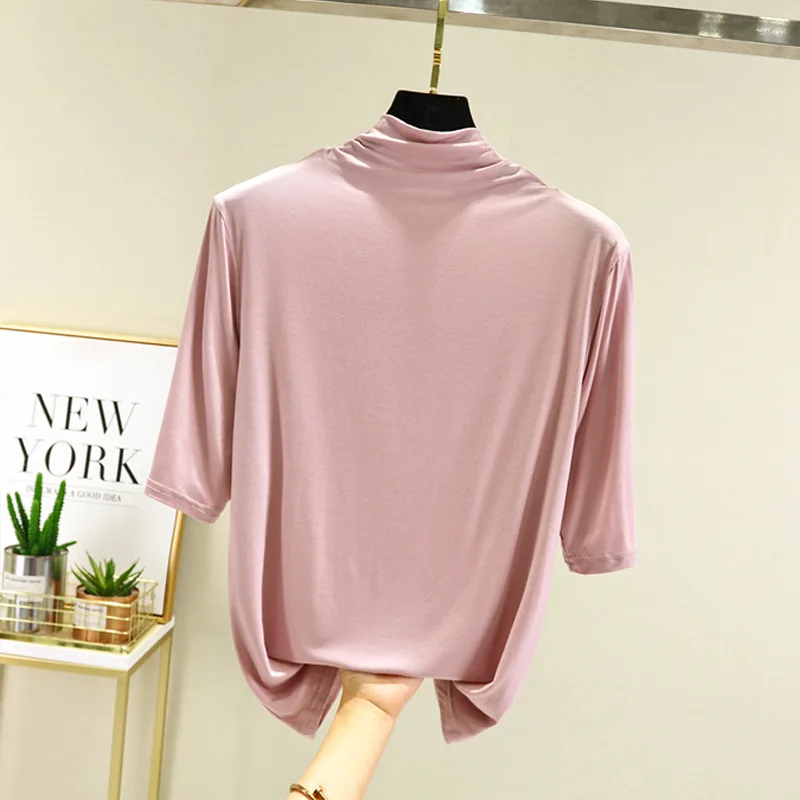 Solid Loose T Shirt Half Sleeve Women Soft Modal Top Large Size Elastic Tees High Neck Summer T-Shirt Baisc Korea Style 2024 New