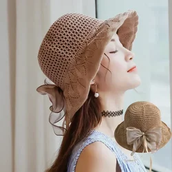 Women's Fashion Bow Sunshade Hat with Wide Brim Beach Straw Hat Women's Solid Color Outdoor Travel Accessories Hat