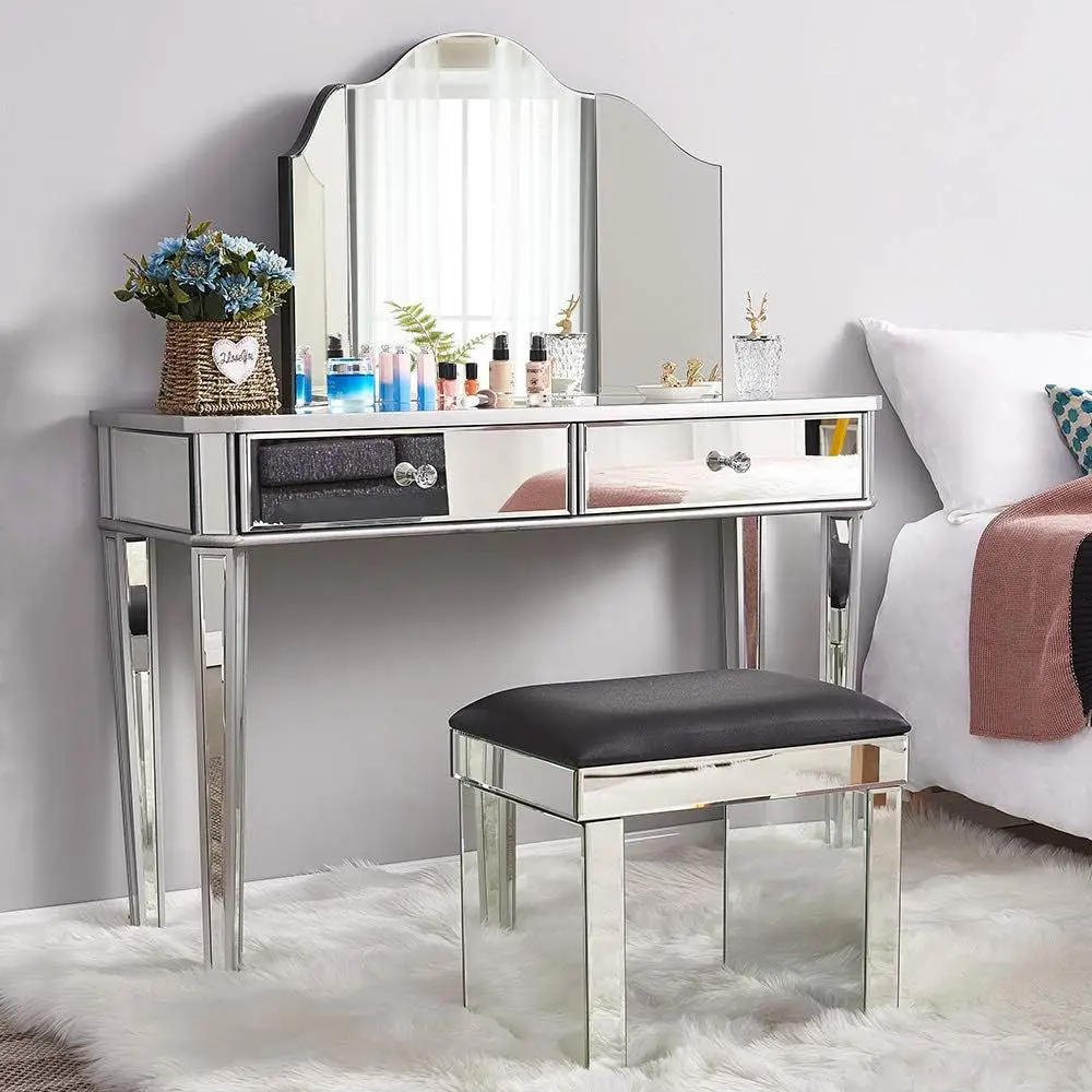 Full set of mirrored vanity furniture: glass top with tri-fold mirror, including 2-drawer storage table and stool