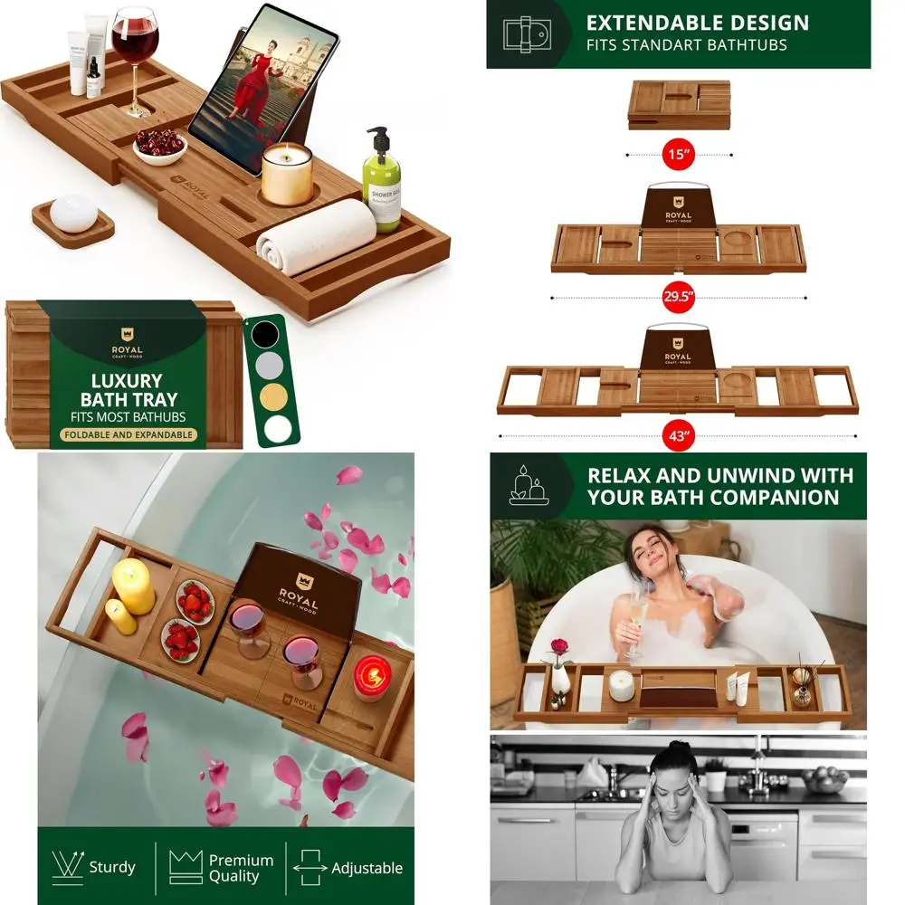 

Expandable Bamboo Bathtub Tray with Wood Shelf - Premium Bath Caddy for Tub, Ideal for New Home, Moms, and Birthday Gifts