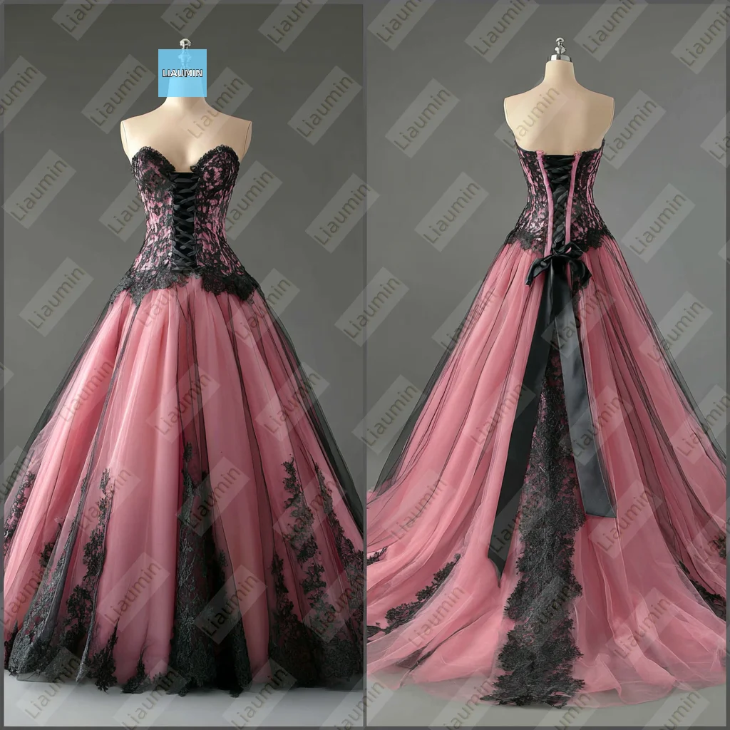 

New Pink Tulle Black Lace Applique Strapless Full Length With Train Evening Prom Wedding Formal Dress Lace-up Customized A7-1.54