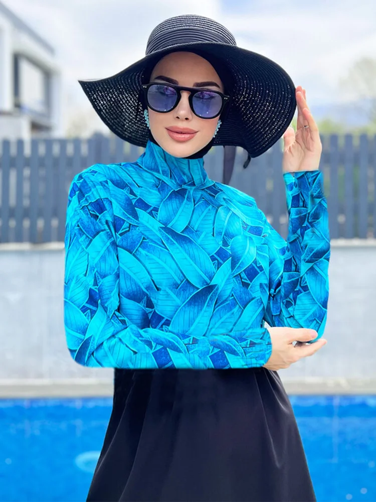 3PCS/Set Burkini Femmes Muslim Swimwear Women Modest Patchwork Hijab Long Sleeve Sport Swimsuit 