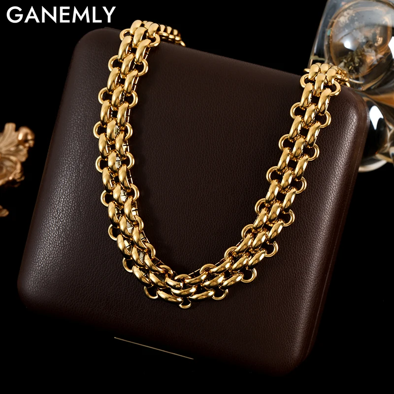 

GANEMLY 316L Stainless Steel Metal Cuban Chain Necklace For Women Hip Hop Punk Waterproof 18K Gold Plated Neck Chain Jewelry