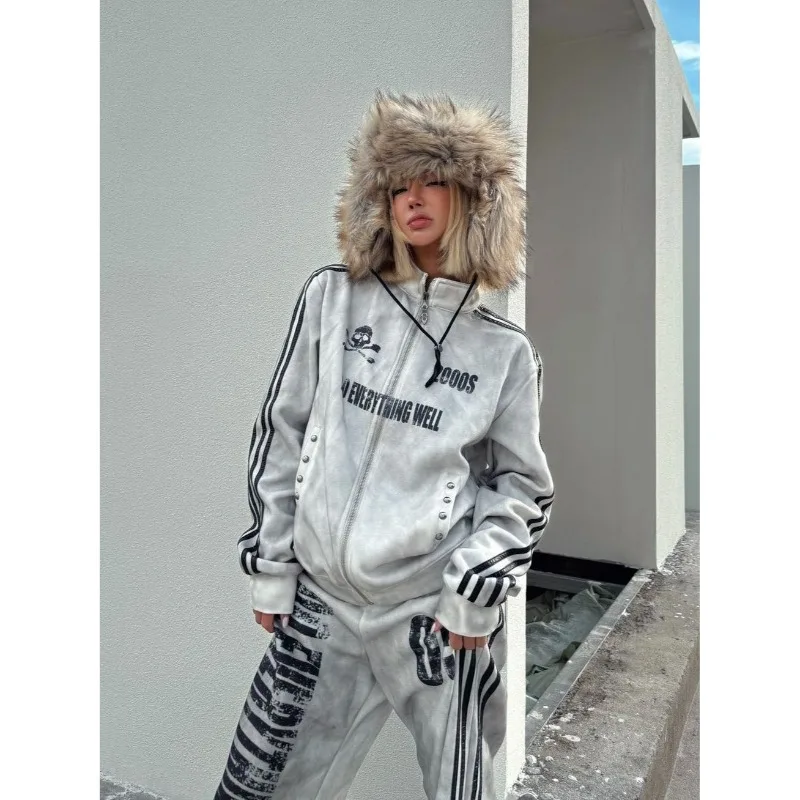 American Post-apocalyptic Visual Subculture Worn-out Dirty Striped Long Pants Gothic Retro Gray Floor-length Casual Pants Unisex