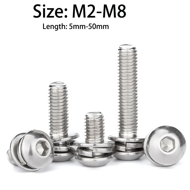 M2.5 M3 M4 M5 M6 M8 Pan Head Hexagon Socket  Screws Bolts With Washer Three Combination Machine Sems Screw 304 Stainless Steel