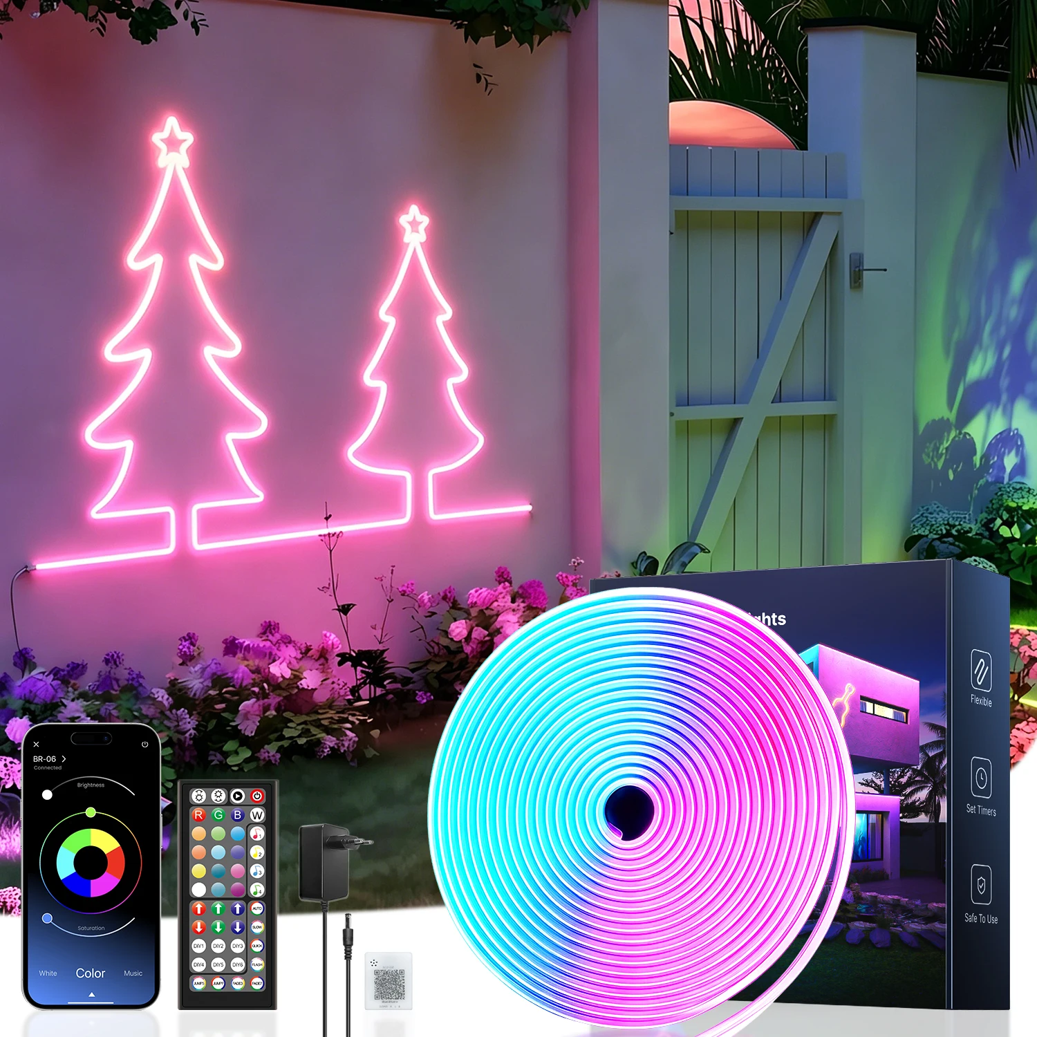 Luz de neón RGB flexible con control por aplicación y remoto, tira de luz LED regulable con función de sincronización musical y temporización, ideal para decoración de juegos, dormitorios y fiestas.