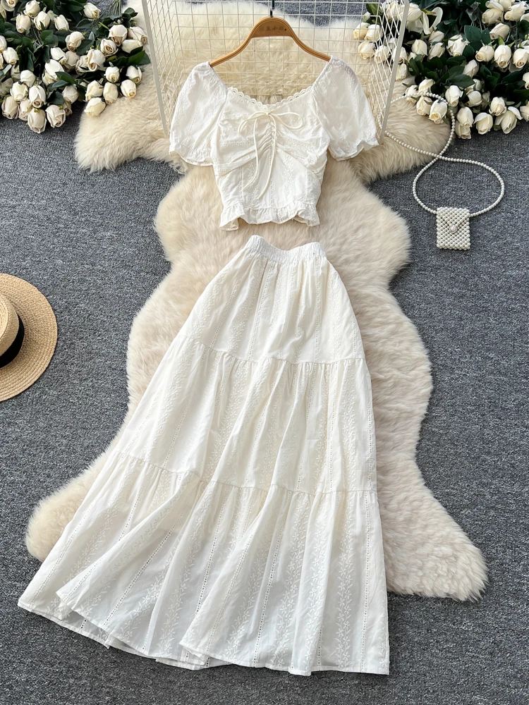 Set da donna di design coreano Faionable Bubble Sve Colletto quadrato Top a vita alta con gonna a vita alta Set da due pezzi