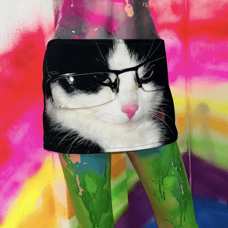 Y2K Black Cat Print Skirt European American Retro Slim Leisure Fit Short