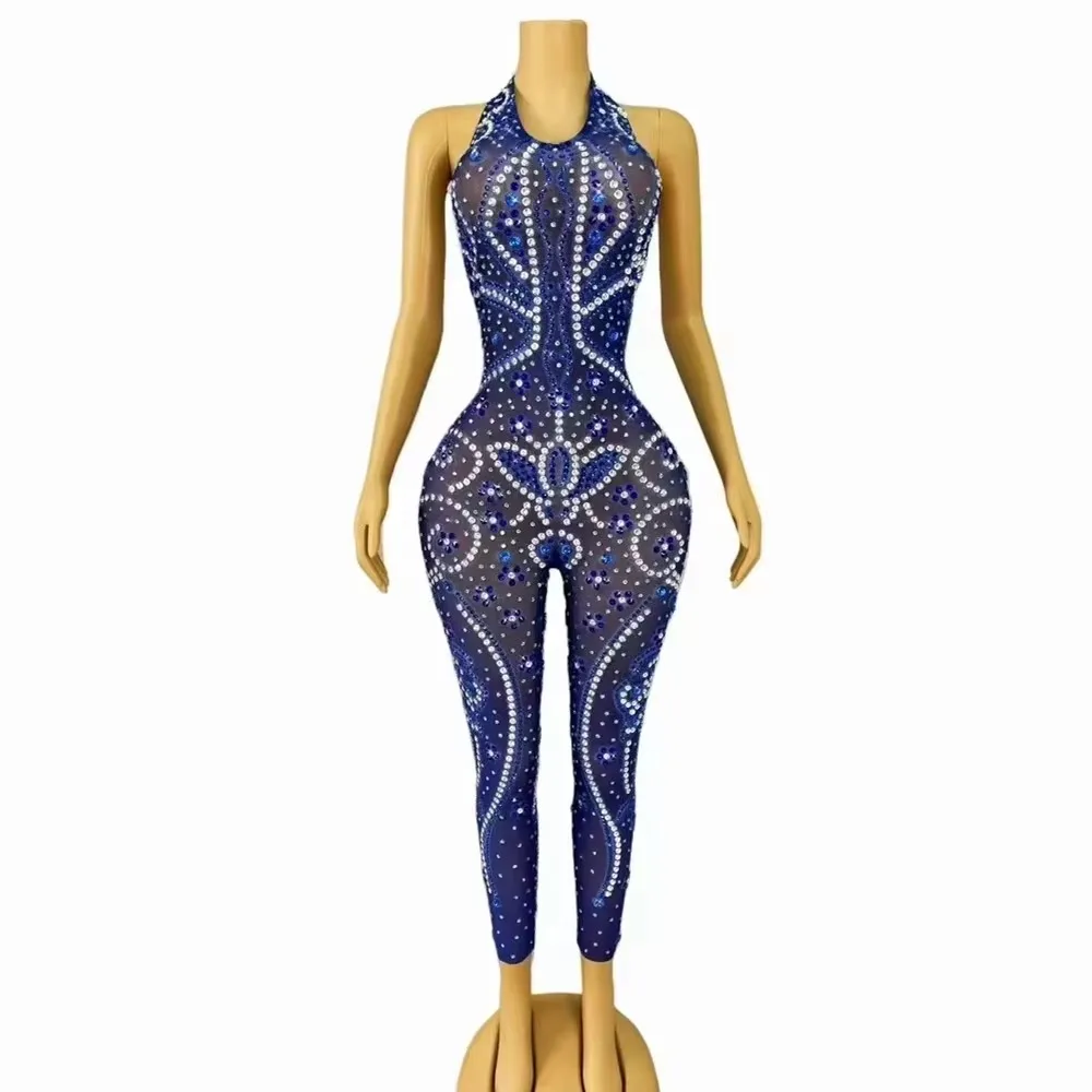 

Mesh Halter Backless Party Nightclub Sexy Transparent Jumpsuit Luxury Blue Rhinestones Crystal Rompers Women Stage Dance Costume