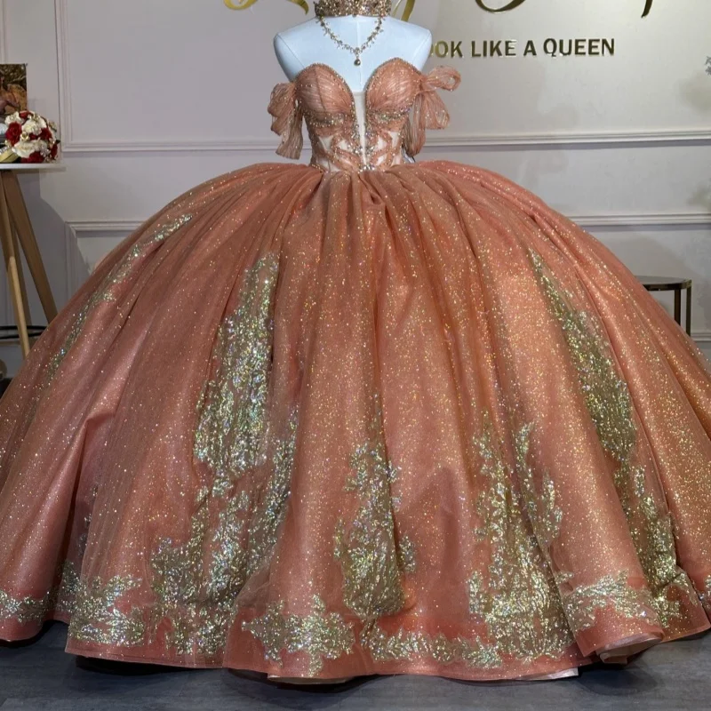 Shiny Orange Quinceanera Dress off-shoulder Golden Glitter Crystal Decal Long tail Bow vestidos de 15 Quinceanera ﻿Customize