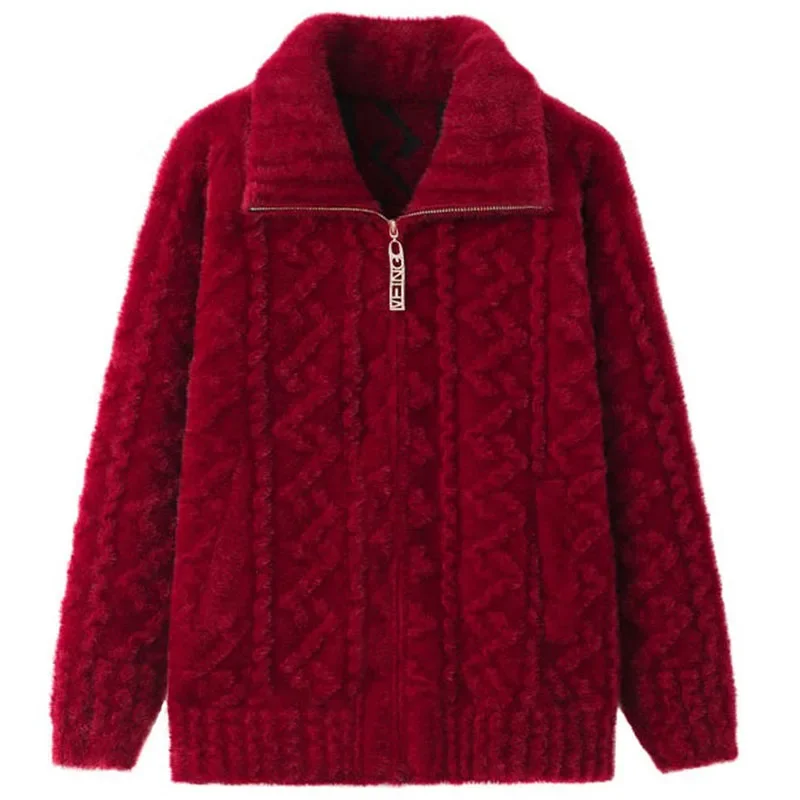 Middle Aged Mother Imitation Mink Velvet Knitted Coat Thicken Women Sweater Casual Zipper Grandma Cardigan Jacket MT23