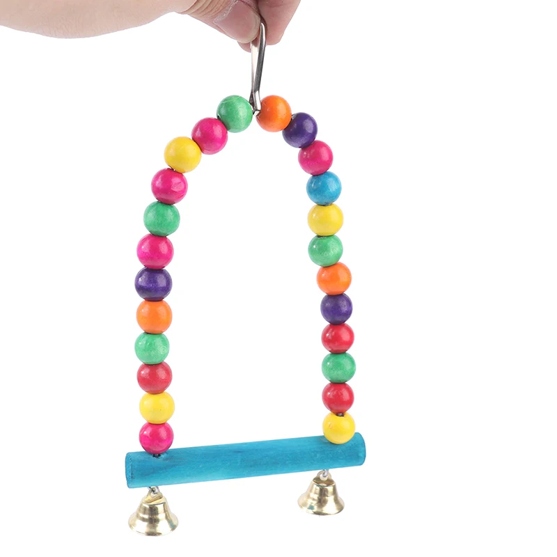 New 1PC Natural Wooden Parrots Swing Toy Birds Colorful Beads Bird Supplies Bells Toys Perch Hanging Swings Cage for Pets