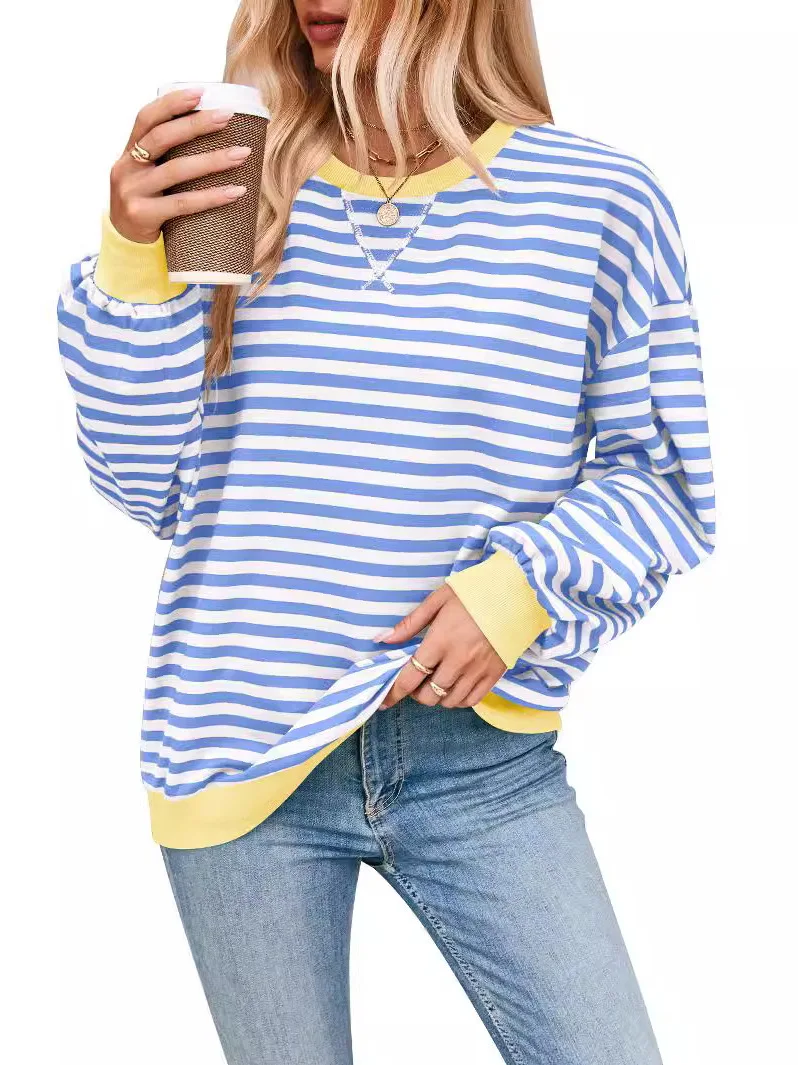 Sudadera con capucha a rayas de colores sueltos para mujer, sudadera de retazos de gran tamaño, Top informal estampado redondo de calle Sle Long Sve