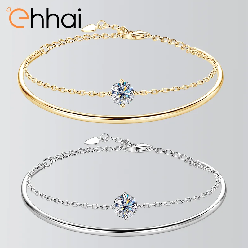

Ehhai 1.0CT Round Cut Moissanite Bracelet Cuff for Women Real S925 Sterling Silver Chains for Wedding Fine Jewelry Gifts Bangle