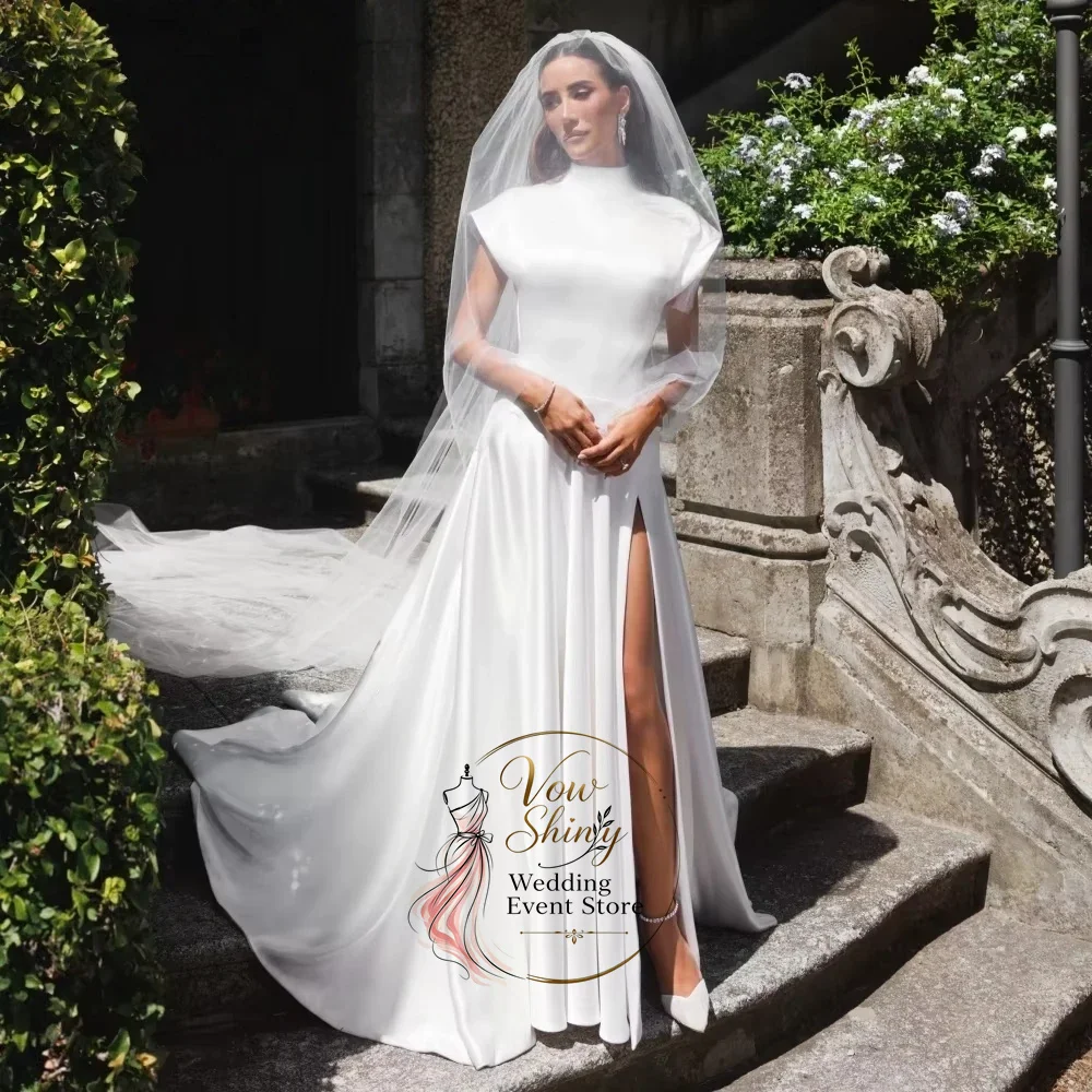 Vow Shiny Minimalist High Neck Short Sleeves Wedding Dresses For Woman A-line Side High Slit Stylish Bridal Gown Customized ﻿ ﻿