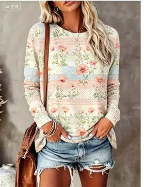 Women Long Sleeve T‑Shirt Pastel Patchwork Hydrangea Floral Print Crew Neck Loose Casual Daily Tops view 2