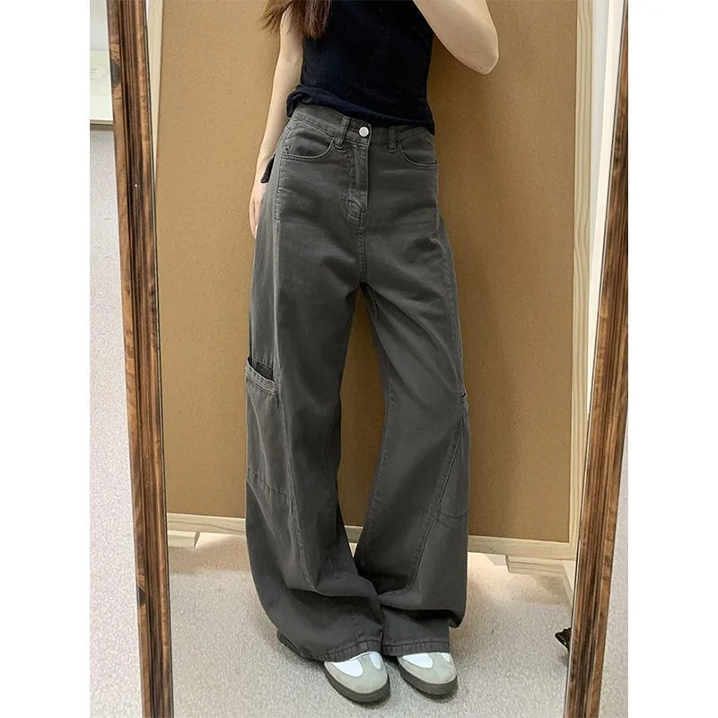 New Summer Style Gray Casual Straight-leg Pants for Women's Scimitar Wide-leg Jeans to Make Them Look Slim and Versatile WJ652
