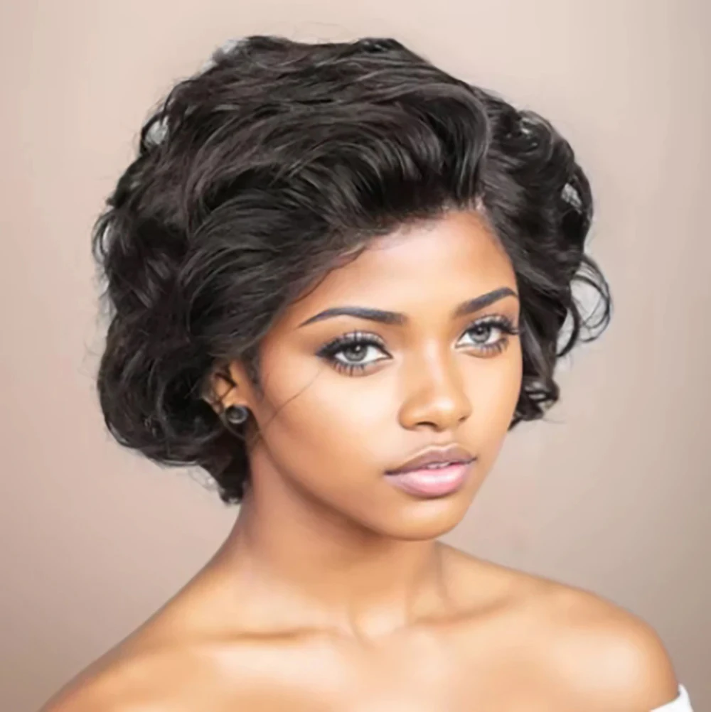 黒人女性向け6インチショートカーリー人毛ウィッグ ブラジリアンウォーターウェーブピクシーカットウィッグ（前髪付き）マシンメイドキャップ ナチュラルカラー