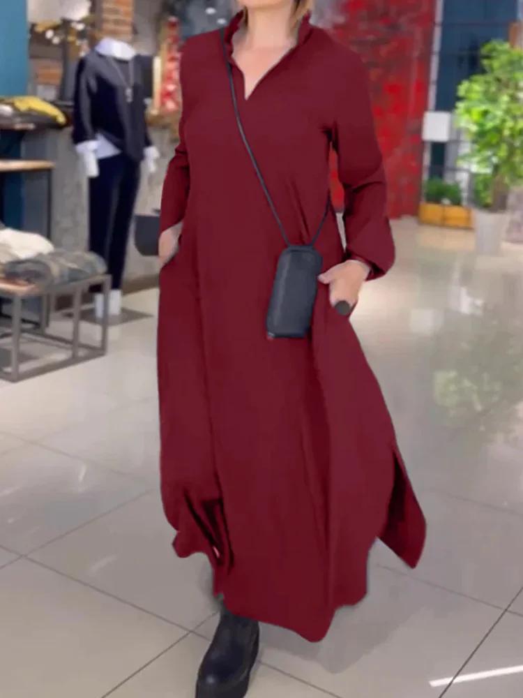 Eid Muslim Party Dress for Women V Neck Ramadan Abaya Long Dress Loose Full Sleeve Pocket Dress Vestido Dubai Robe Jalabiya 2024