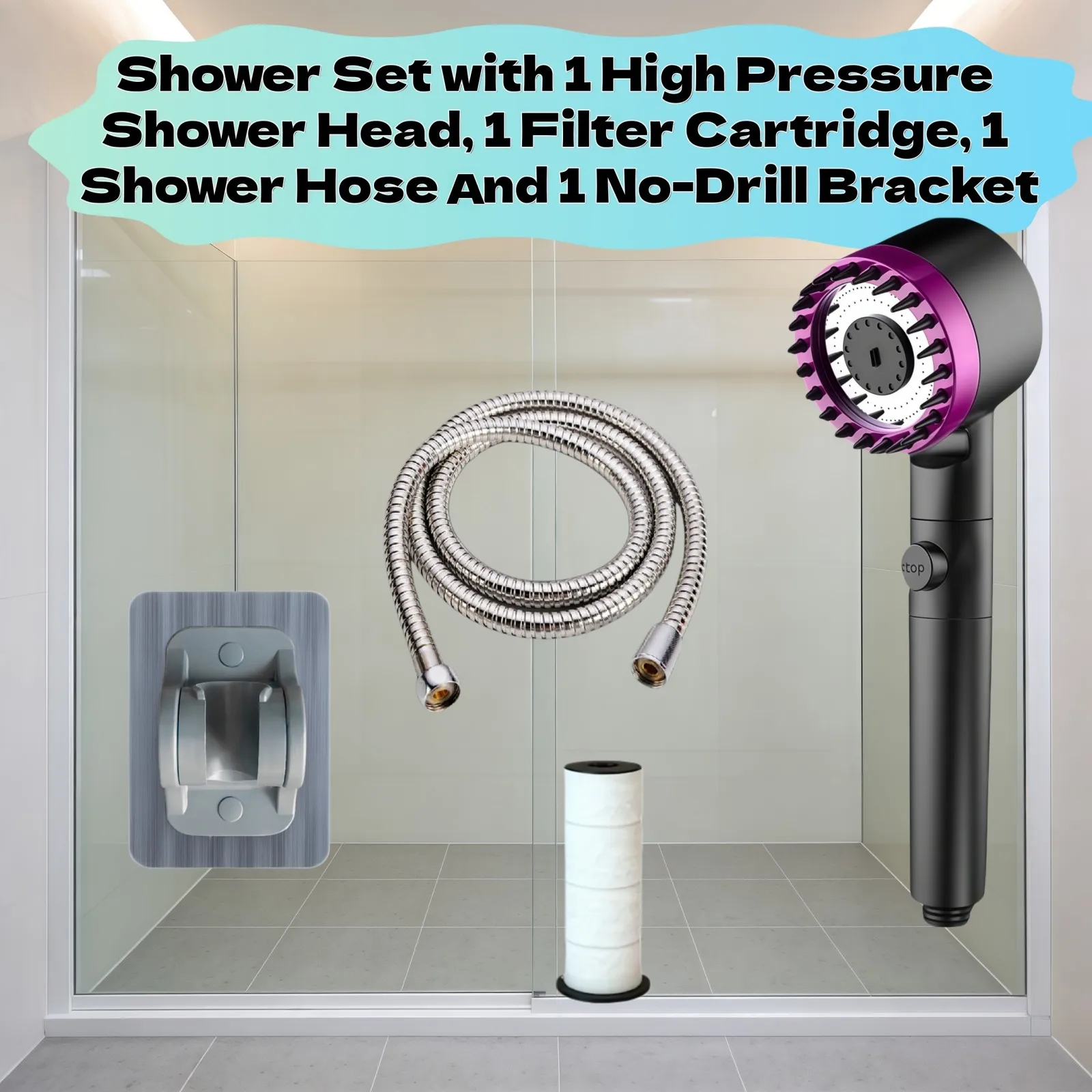 

Набор из 4 черных и фиолетовых насадок для душа с высоким давлением и экономией воды, 3 режима, регулируемые, с 1 фильтром, шлангом для душа и кронштейном без сверления